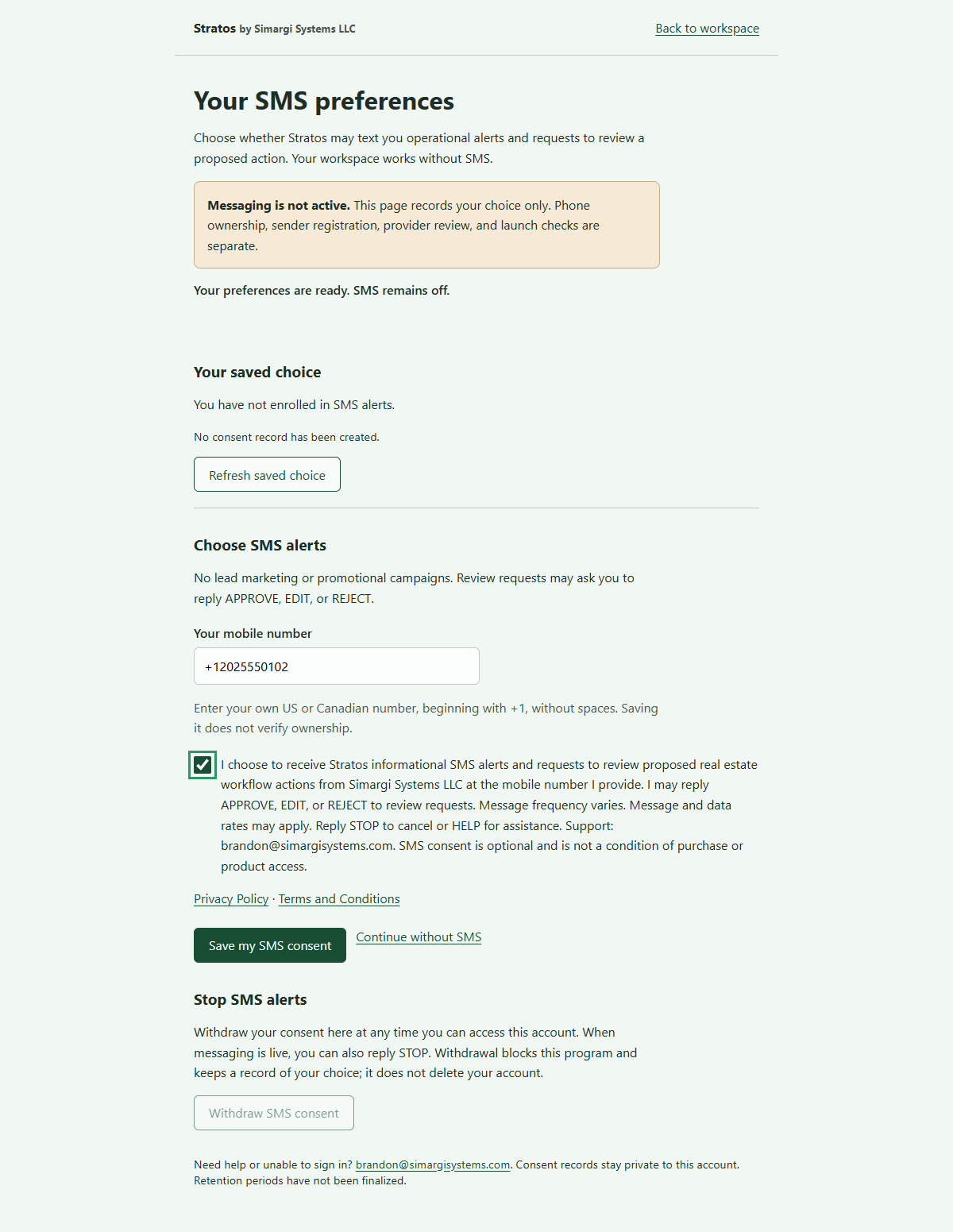 The same Stratos form with a synthetic phone number and the SMS checkbox actively selected; Save my SMS consent is enabled.
